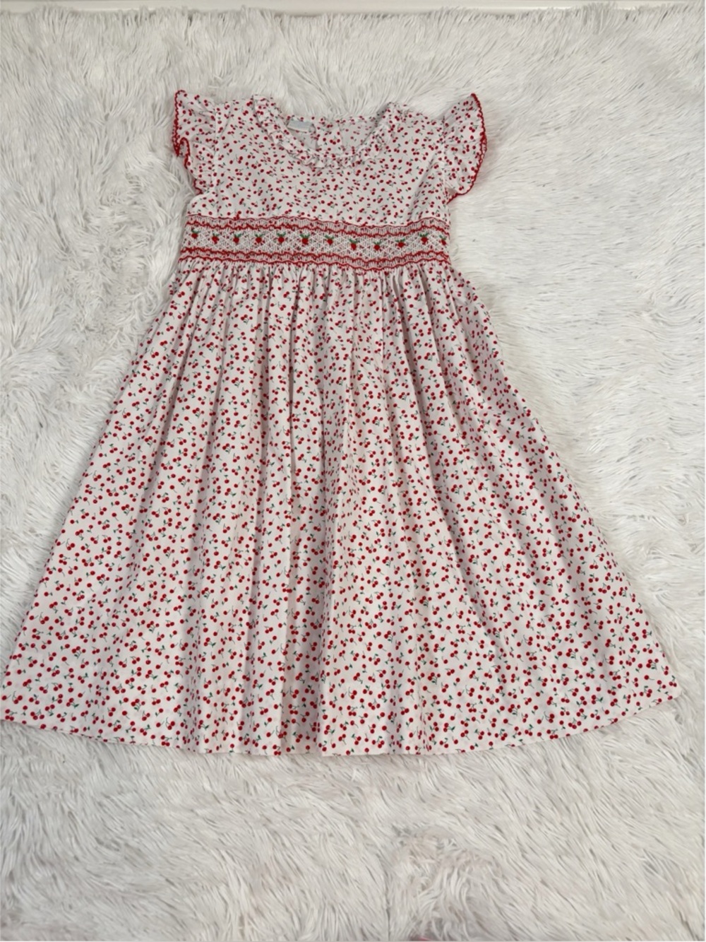 EdgeHill collection Girls cherry Smocked Cotton Dress flutter sleeves